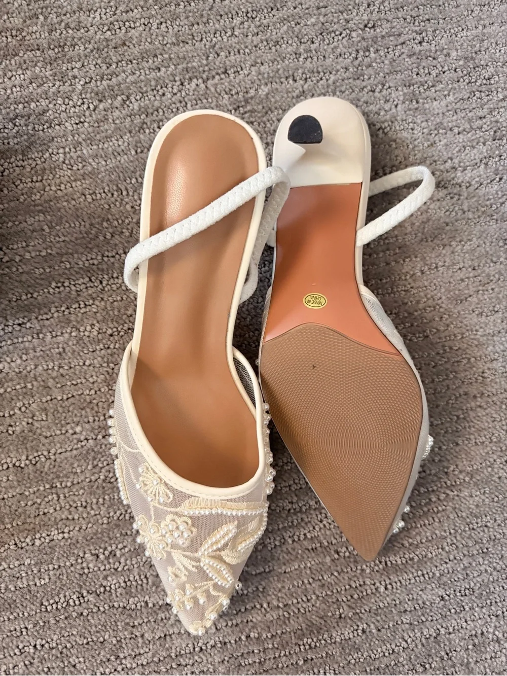 Beaded Ivory Pointed-Toe Slingback Flats